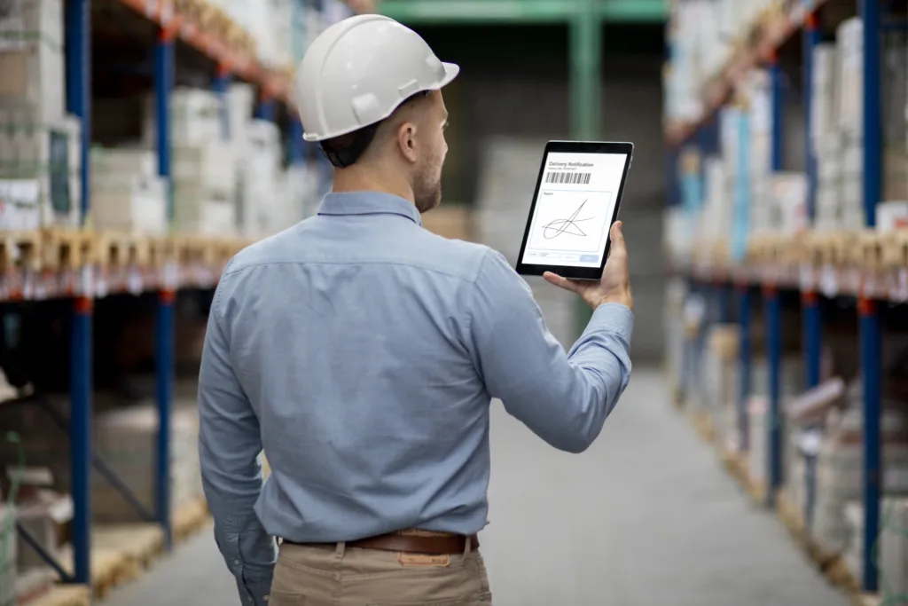 Homem dentro de um estoque de produtos, e olhando para o tablet.